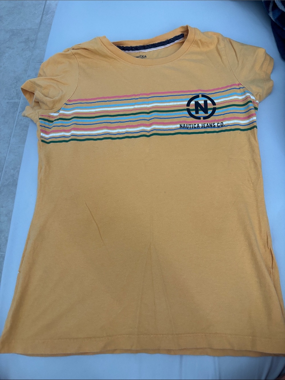 Nautica Yellow Short Sleeve Tee with Multi-Color Chest Stripes